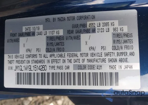 2020 Mazda Mazda6 Grand Touring Reserve z USA, uszkodzony, nr VIN JM1GL1WY9L1514260